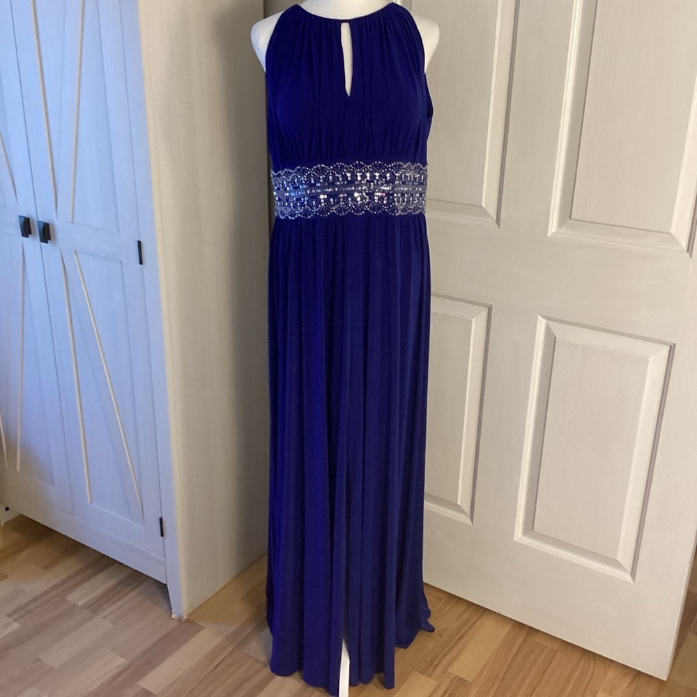 R&M Richards Deep Blue Long formal Dress with Embellished Waist Sz 14